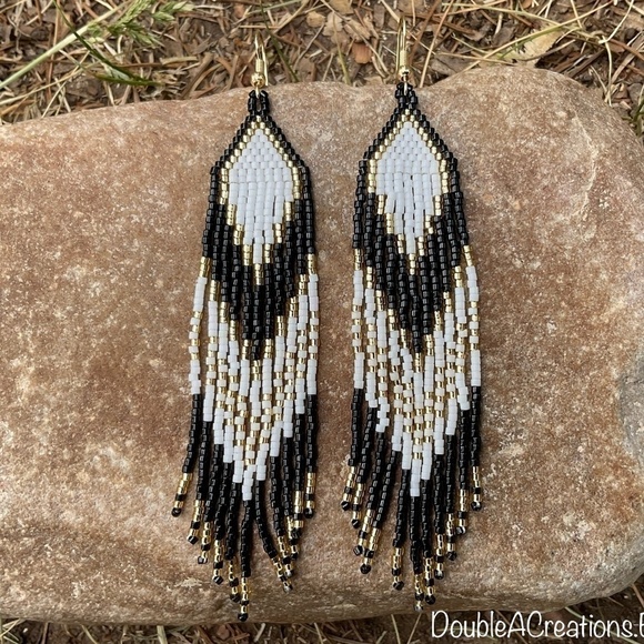 Gold and Black Beaded Earrings with Fringe, New, Handmade by Me - Picture 1 of 8